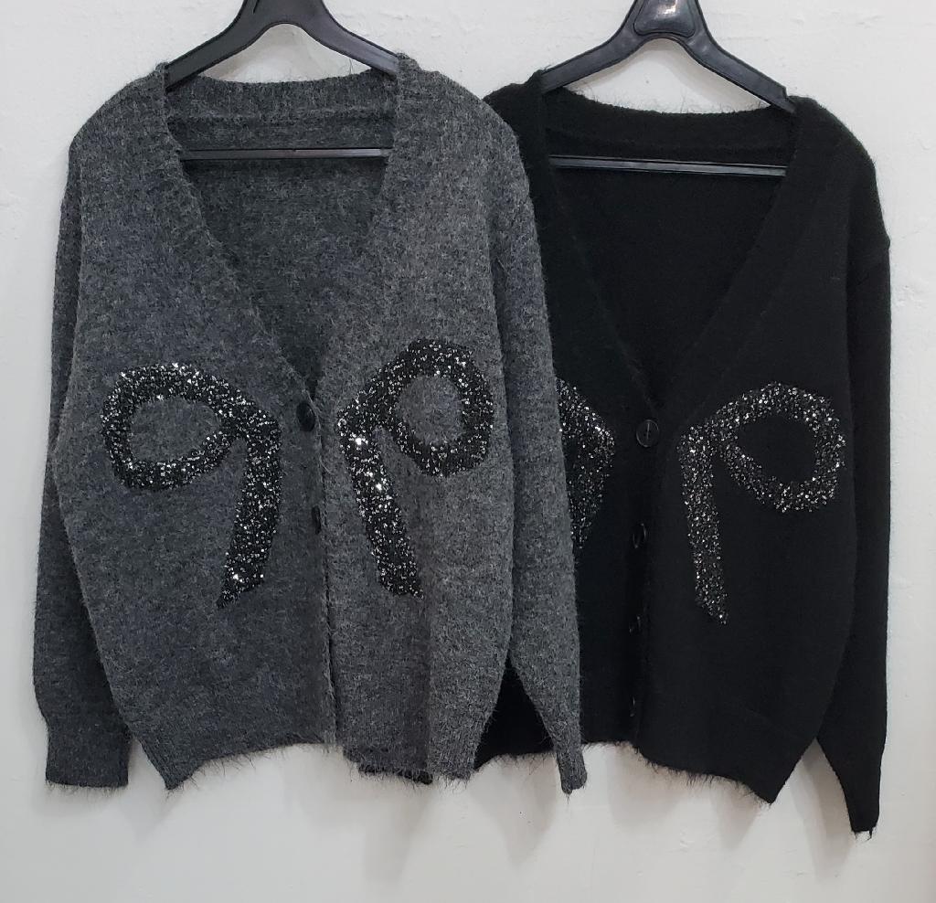 리본스팽글브이가디건