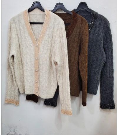 부클펄라인배색꽈베기가디건