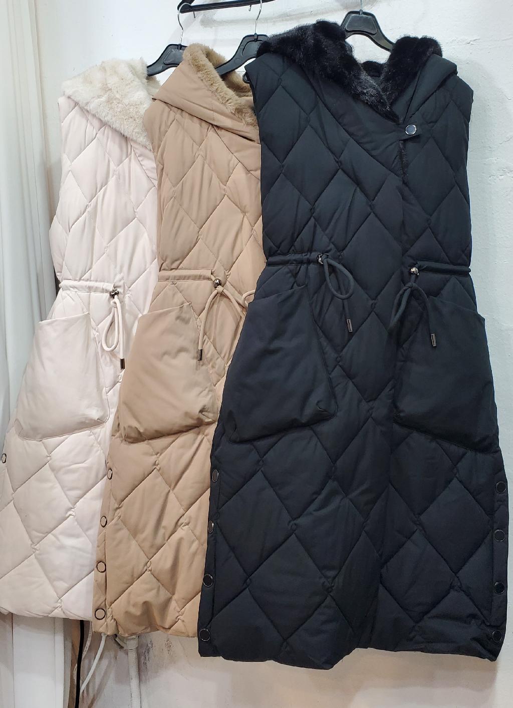 페이크퍼다이아퀼팅롱후드조끼