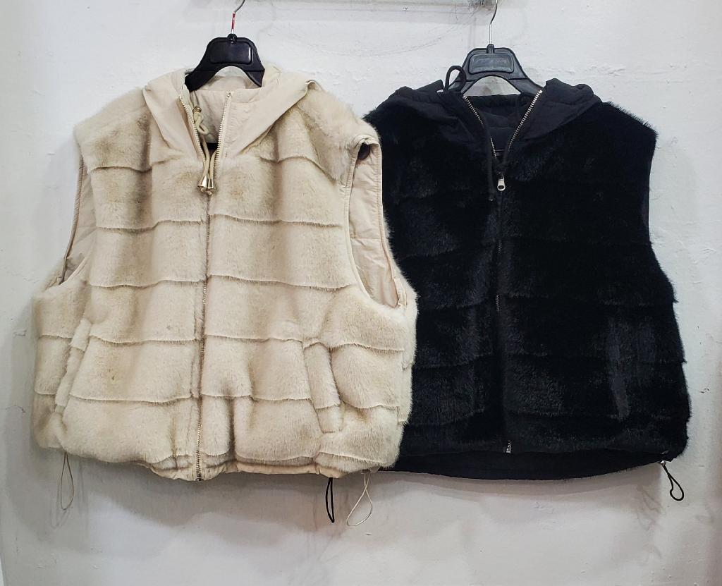 양면페이크밍크레이후드지퍼조끼